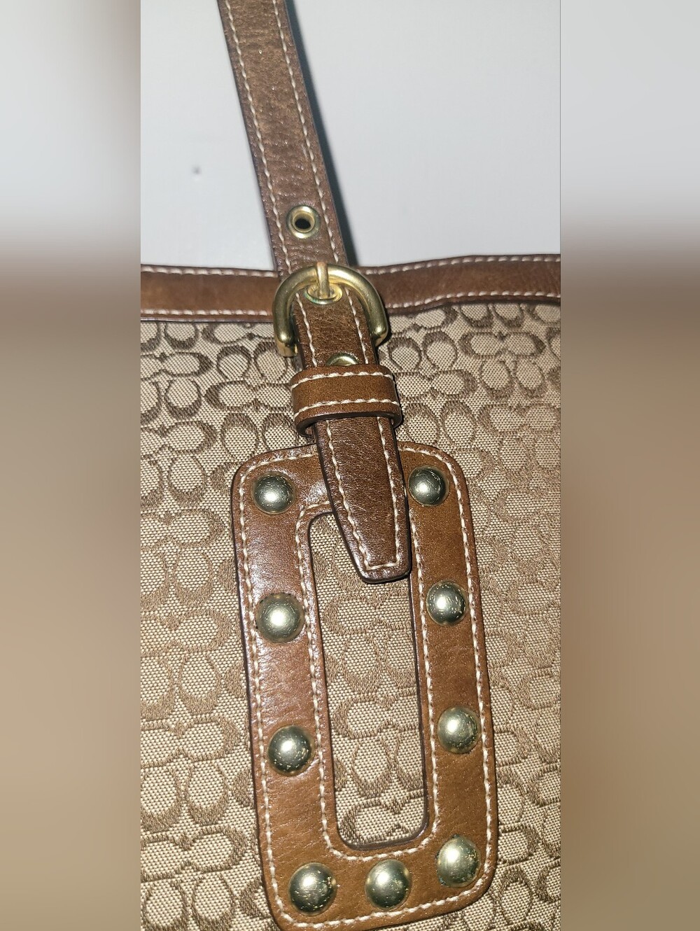 Coach Soho Khaki Signature C Studded Leather Lg Gallery Tote Bag Purse Rare - Picture 3 of 16